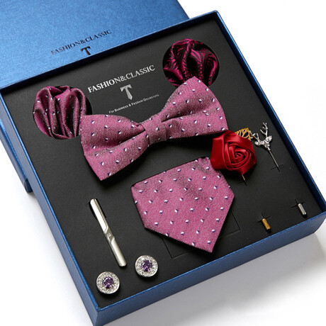 8 Pc Tie & Accesory Set // Pink with Blue + White Squares