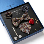 8 Pc Tie & Accesory Set // Brown with White + Red Flowers