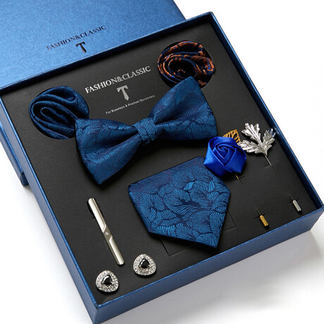 8 Pc Tie & Accesory Set // Blue Leaves Pattern