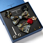 8 Pc Tie & Accesory Set // Black with Blue + Gold Paisley
