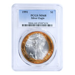 1991 1 oz American Silver Eagle // PCGS Certified MS68 // Pumpkin Spice Toning