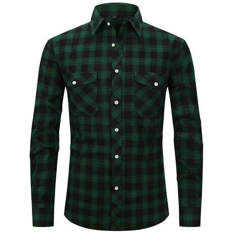 Plaid Long Sleeve Button Up // Dark Green + Black (XS)