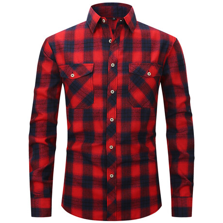 Plaid w/ 2 Front Pockets Long Sleeve Button-Up // Red + Navy (XS)