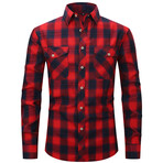 Plaid w/ 2 Front Pockets Long Sleeve Button-Up // Red + Navy (XL)