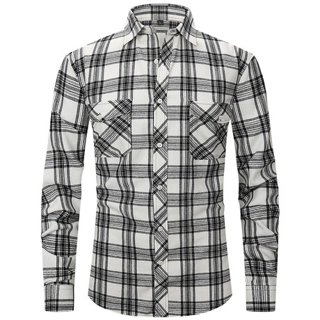 Plaid w/ 2 Front Pockets Long Sleeve Button-Up // White + Black (XS)
