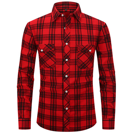 Plaid Long Sleeve Button Up // Bright Red + Black (XS)