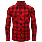 Plaid Long Sleeve Button Up // Bright Red + Black (XL)