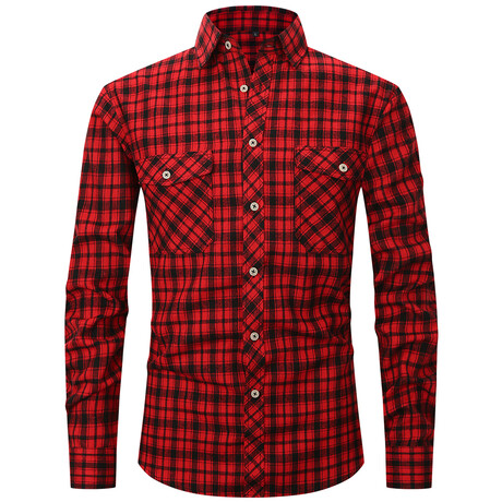 Tartan w/ 2 Front Pockets Long Sleeve Button-Up // Red + Black (XS)