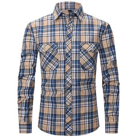 Plaid Long Sleeve Button Up // Blue + Beige (XL)