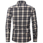 Plaid w/ 2 Front Pockets Long Sleeve Button-Up // Dark Blue + Beige (XS)