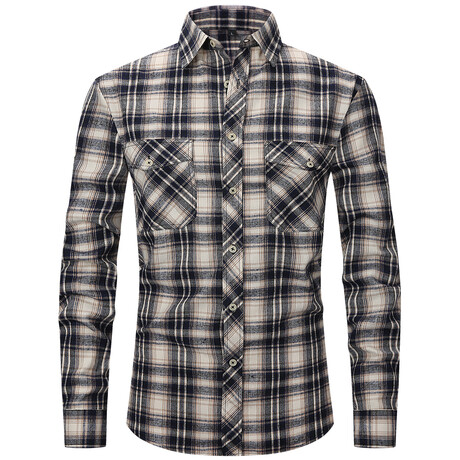 Plaid w/ 2 Front Pockets Long Sleeve Button-Up // Dark Blue + Beige (XS)