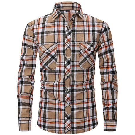 Plaid Long Sleeve Button Up // Beige + Black (XS)