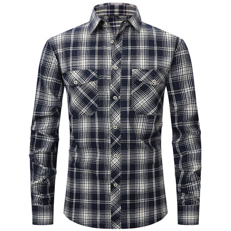 Plaid Long Sleeve Button Up // Indigo + Gray (XL)