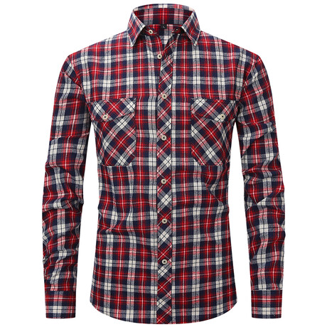 Plaid Long Sleeve Button Up // Red + Dark Blue (XS)