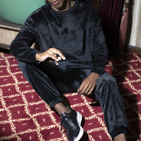 Solid Velvet Sweatshirt & Pants Set // Black (S)