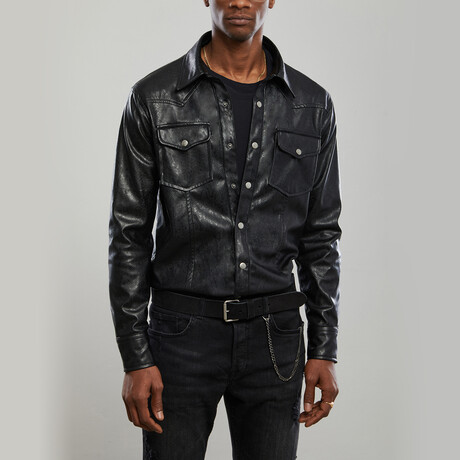 Snake Print Leather Western Overshirt // Black (S)