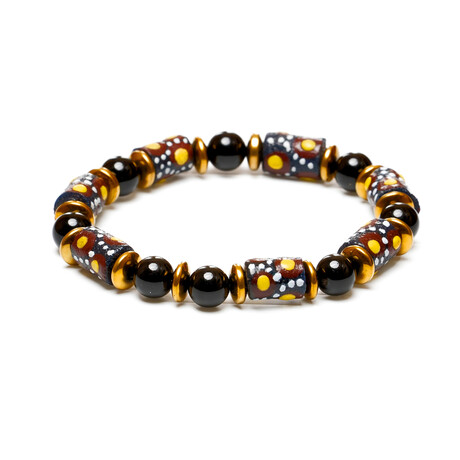 Dell Arte // Krobo Glass Mix Stretch Bracelet + Black Onyx + Gold Tone Hematite Inserts // Multicolor