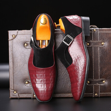Loafers Men Dress Shoes // Crocodile Pattern // Burgundy + Black (Euro: 37)