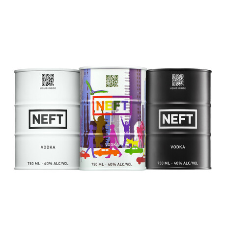 Neft Vodka White Barrel Oil Can 750 ml + Neft Vodka Black Barrel Oil Can 750 ml + Neft Vodka Pride // Set of 3