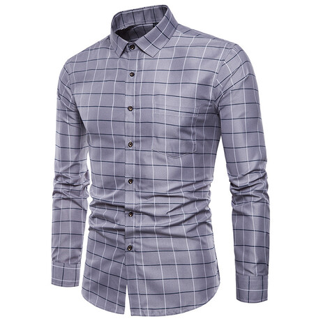 Grid Long Sleeve Button Down Shirt // Gray + Blue (XS)