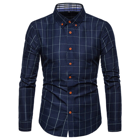 Grid Long Sleeve Button Down Shirt // Navy Blue (XS)