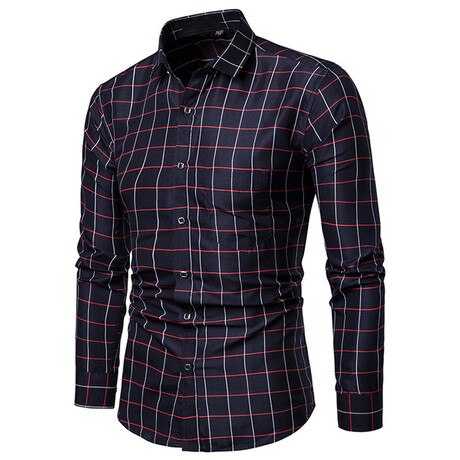 Grid Long Sleeve Button Down Shirt // Navy Blue + Red (XS)