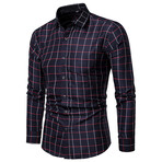 Grid Long Sleeve Button Down Shirt // Navy Blue + Red (M)