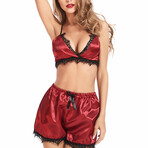 Eyelash Lace Satin + Cami Shorts Lingerie Set // 2-Piece Set // Burgundy (S)