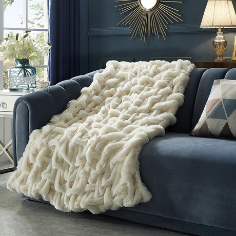 Lmos Stitched Faux Fur Throw Reverse Micromink 50"x60" // Cream White