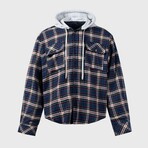 Hooded Plaid Shirt Jacket // Blue (XS)