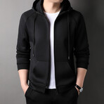 Black Drawstring  Zip Up Hoodie // Black (XS)