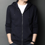 Silver Zipper Zip Up Hoodie // Navy Blue (XS)