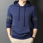 Black Drawstring Gray Stripes Hoodie // Blue (L)