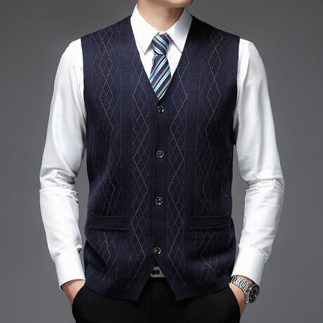 Argyle Line Cardigan V-Neck Sweater Vest // Navy Blue (XS)
