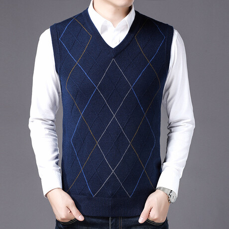 Argyle Lines V-Neck Sweater Vest // Navy Blue (XS)