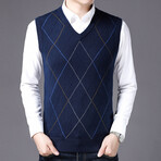 Argyle Lines V-Neck Sweater Vest // Navy Blue (XL)