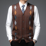 Slimline Argyle Cardigan V-Neck Sweater Vest // Brown (L)