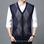 Argyle Cardigan V-Neck Sweater Vest + Pockets // Navy Blue (M)