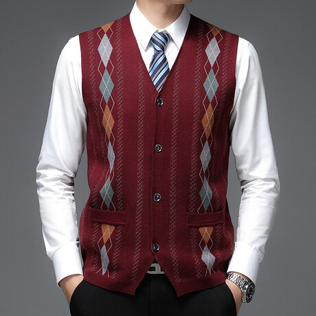 Slimline Argyle Cardigan V-Neck Sweater Vest // Burgundy (XS)