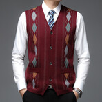 Slimline Argyle Cardigan V-Neck Sweater Vest // Burgundy (M)