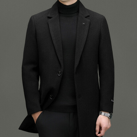 2-Button Up Herringbone Wool Coat // Black (XS)