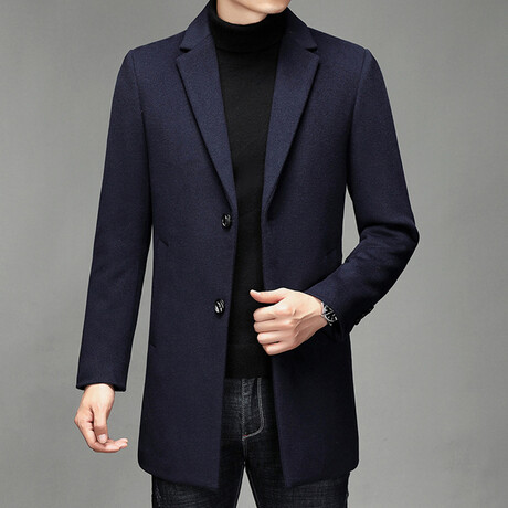 2-Button Up Herringbone Wool Coat / Blue (XS)