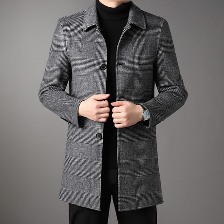4-Button Up Glen Check Wool Coat // Gray (XS)
