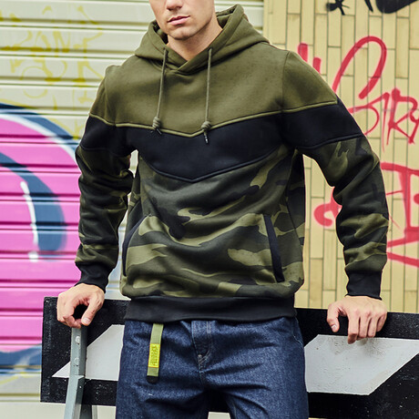 Tri-Color Hoodie // Green + Black + Camouflage (XS)