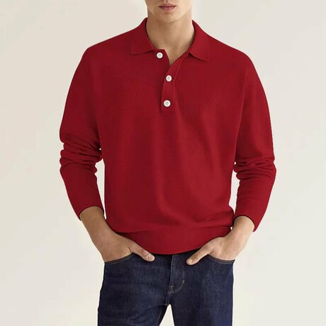 Button Up Long-Sleeved Polo Shirt // Red (XS)