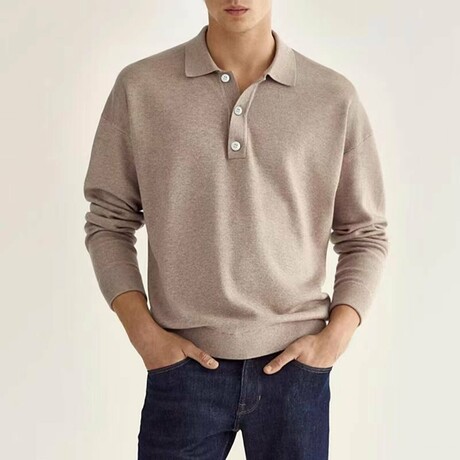 Button Up Long-Sleeved Polo Shirt // Khaki (L)