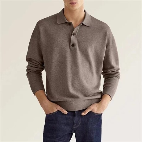 Button Up Long-Sleeved Polo Shirt // Dark Khaki (M)