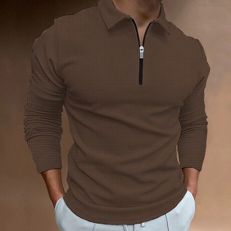 Zip Up Long-Sleeved Polo Shirt // Brown (XS)