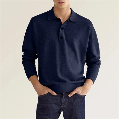 Button Up Long-Sleeved Polo Shirt // Navy Blue (XS)