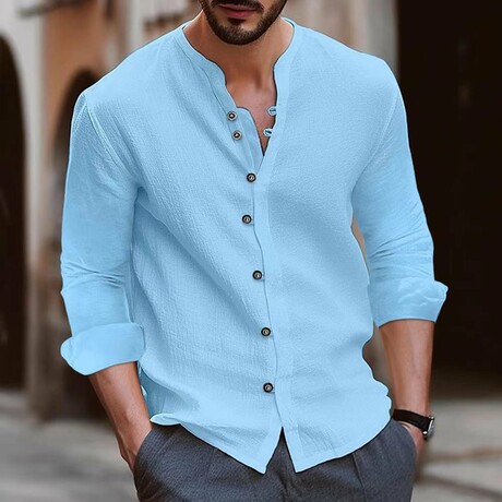 Band Collar Long Sleeve Button Up Shirt // Blue (XS)